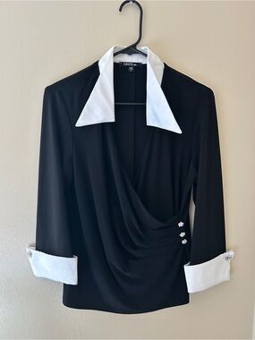 ONYX Nite Vintage Y2K Black & White Tuxedo Collar Rhinestone Wrap Blouse - Size